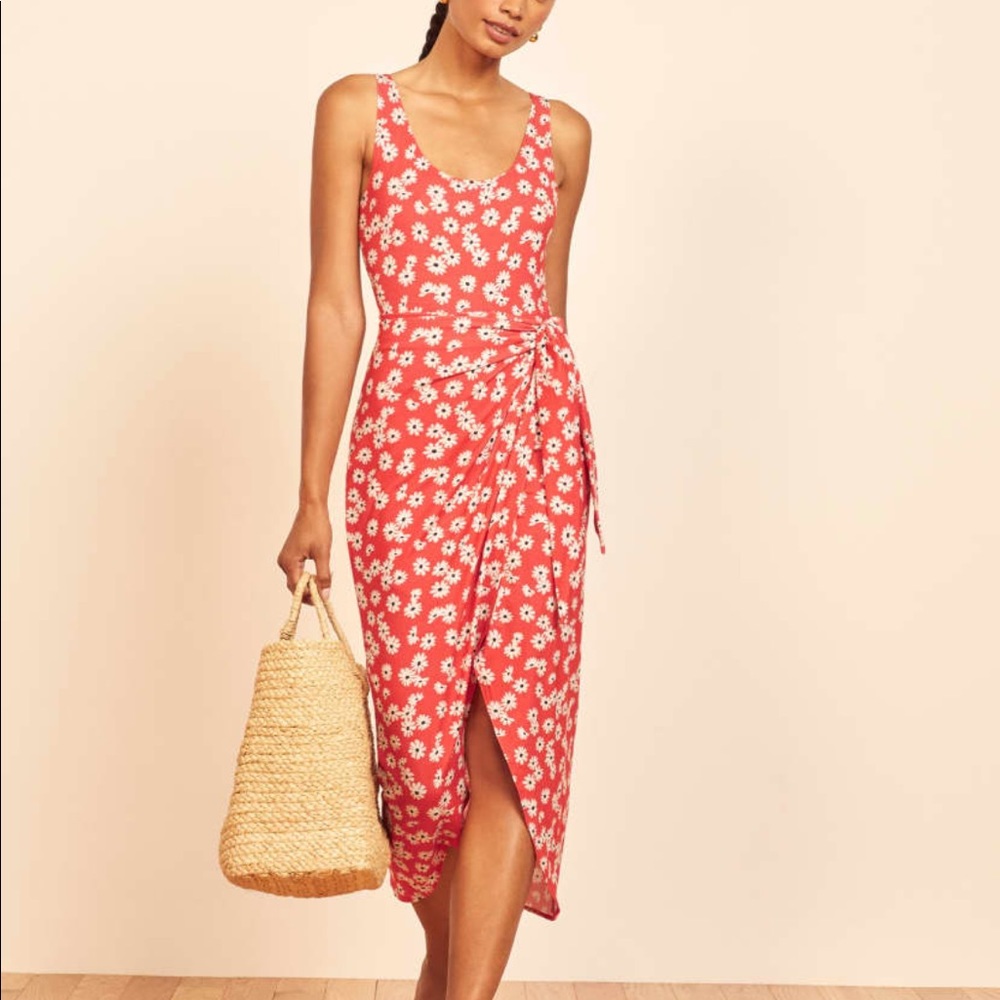 Red daisy Reformation midi dress.